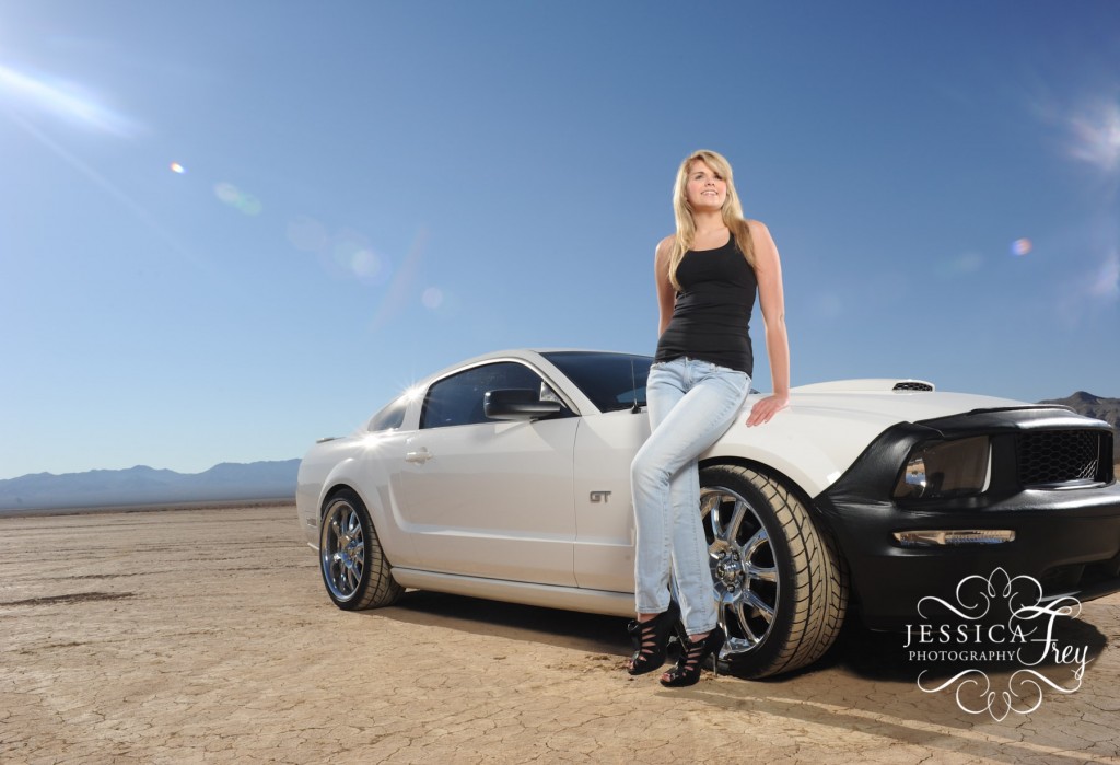 photo shoot with white mustang and model