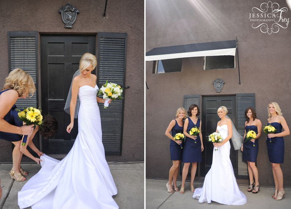 Navy blue bridesmaid dresses with yellow bouquets