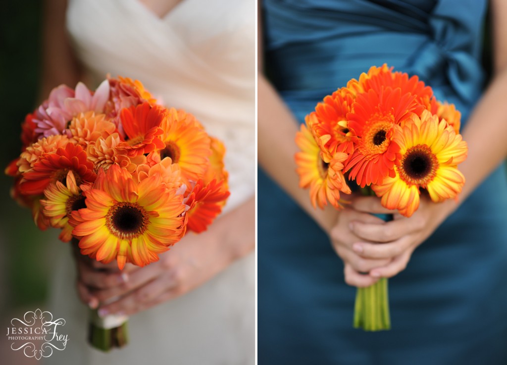 orange wedding bouquet, orange and blue wedding