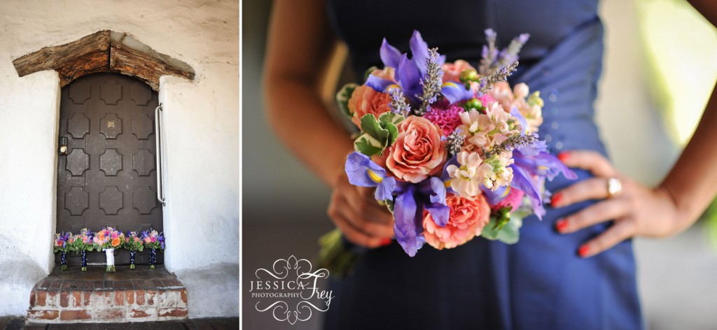 pink purple orange wedding bouquet, blue bridesmaid dress plus bouquet