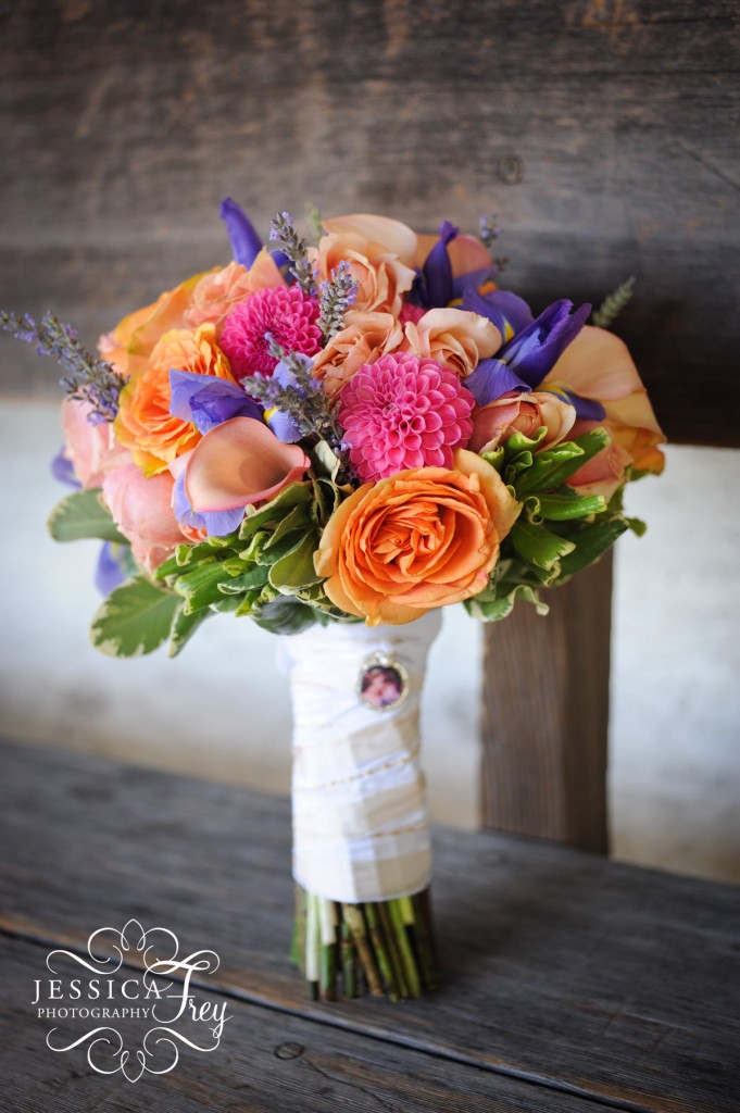pink purple orange wedding bouquet