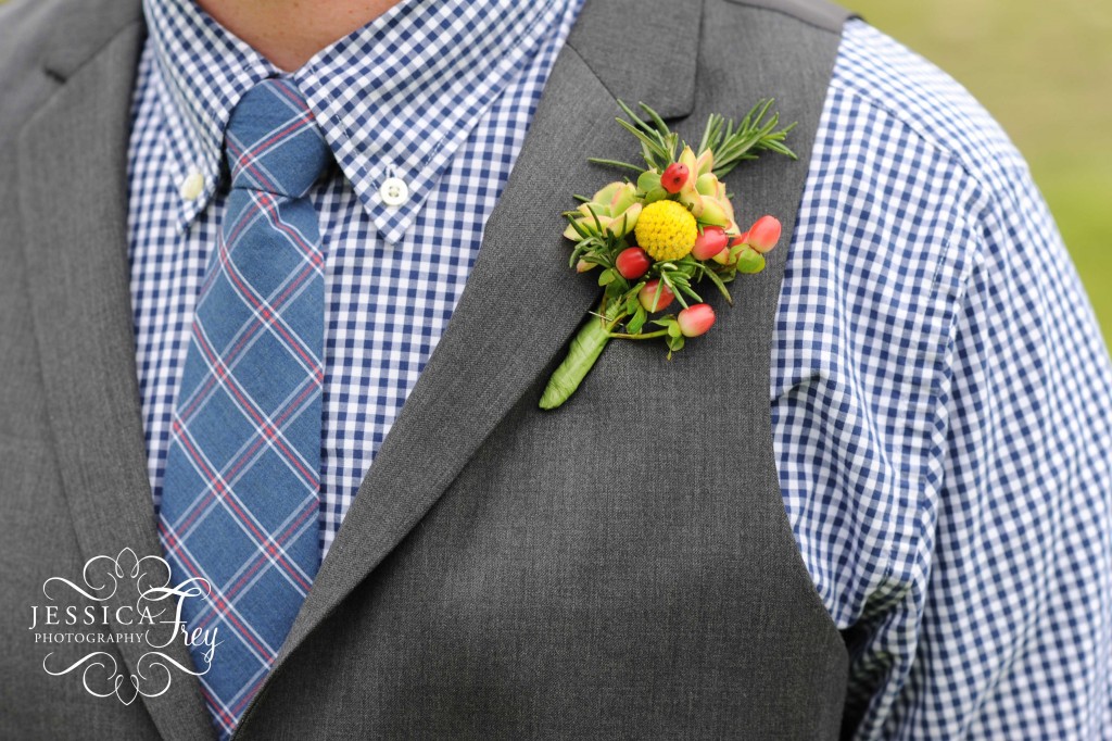 blue and grey groomsmen suit, yellow & red boutonniere