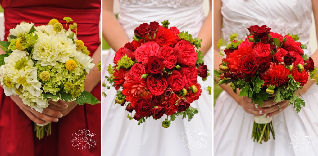 red bouquet, yellow and white bouquet, red & green wedding bouquet