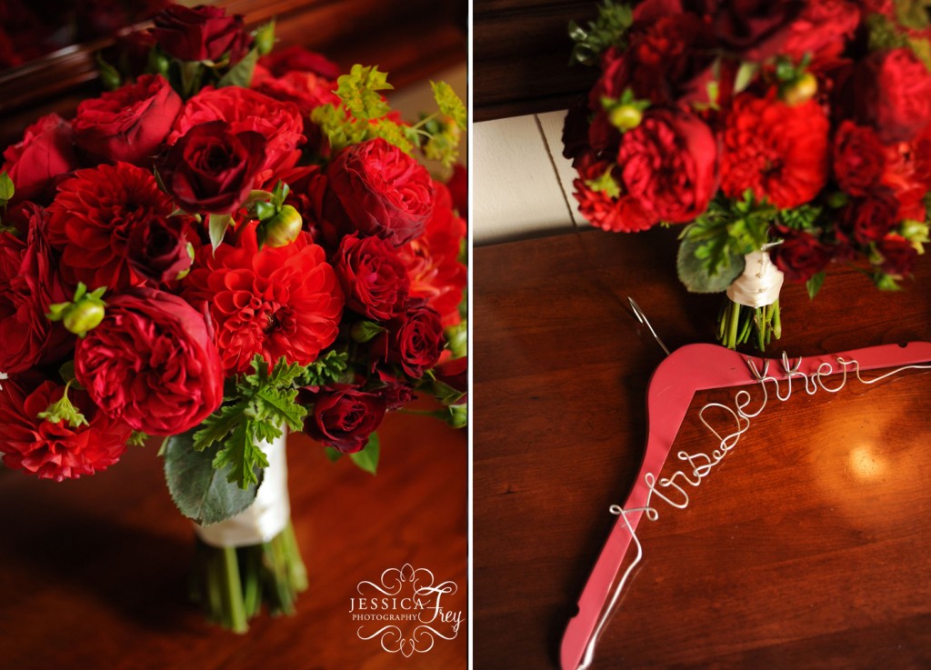 red wedding bouquet, name wedding hanger