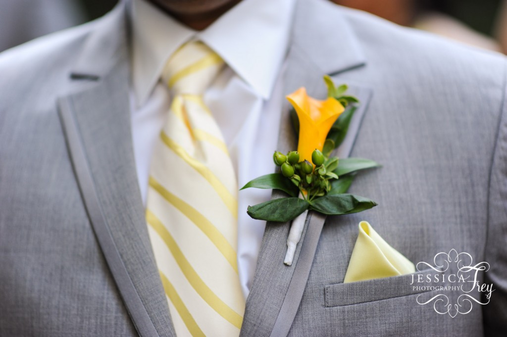 yellow stripe tie, yellow boutonniere , grey groomsmen tux