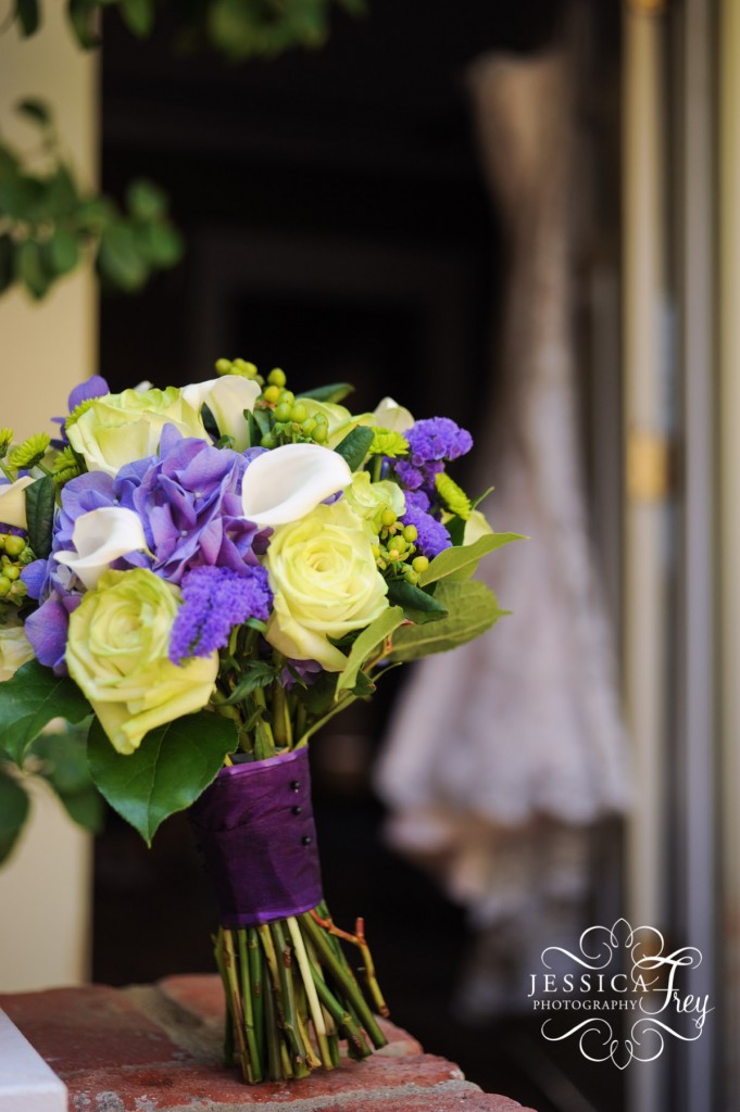 purple and green bridal bouquet