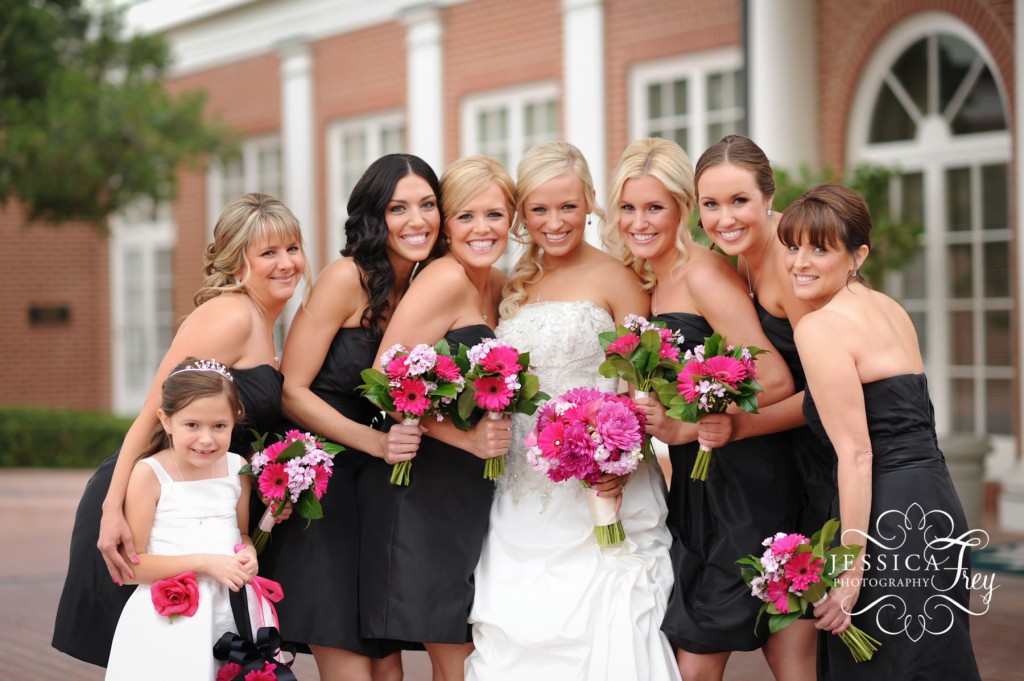 short black bridesmaid dress, pink bridesmaid bouquet