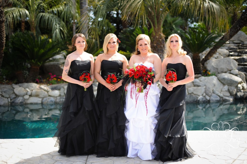 Long Black bridesmaid dresses with red bouquet and black heels Bridesmaid 