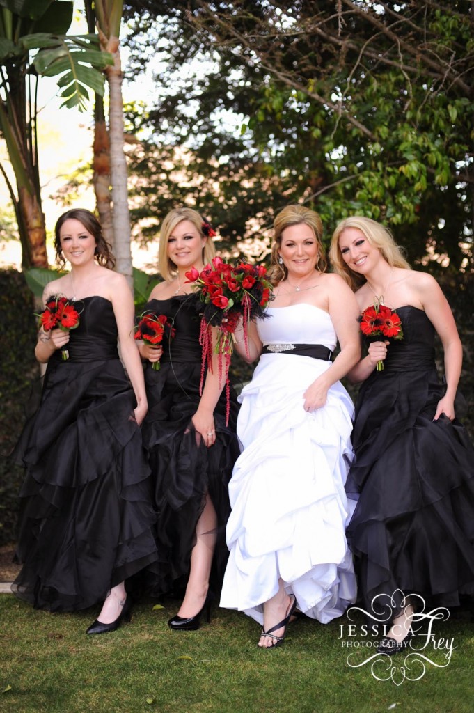 Short Black bridesmaid dresses with hot pink bouquet and black heels 