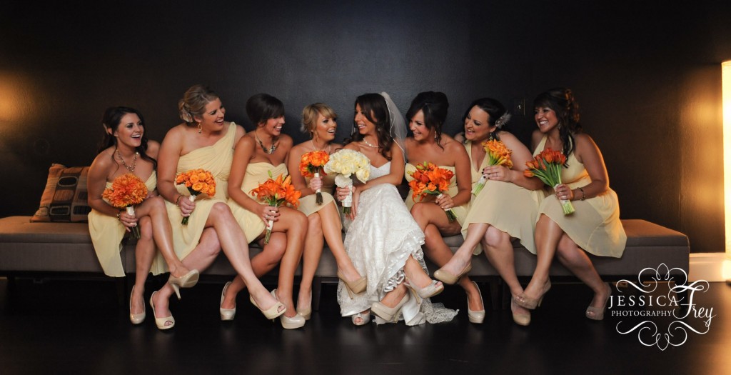 short yellow bridesmaid dress, orange bridesmaid bouquet