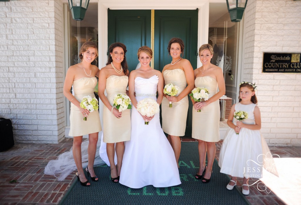 short tan champagne bridesmaid dress, green and champagne bridesmaid bouquet