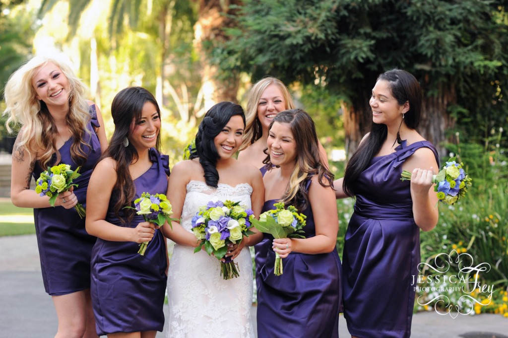 short purple bridesmaid dress, green and purple bridesmaid bouquet