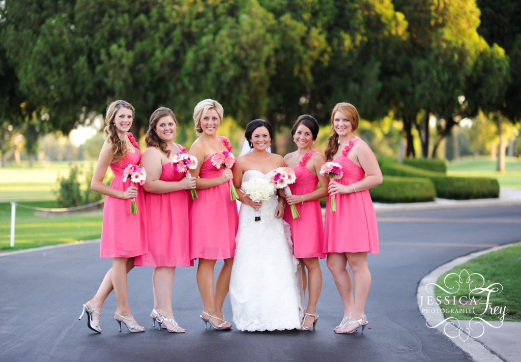 short pink bridesmaid dresses, watermelon bridesmaid dress, pink bridesmaid bouquet, pink gerber daisy