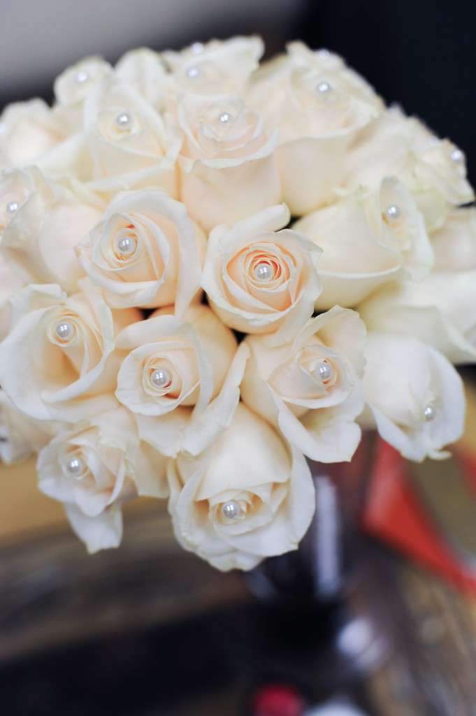 white rose and pearl bouquet
