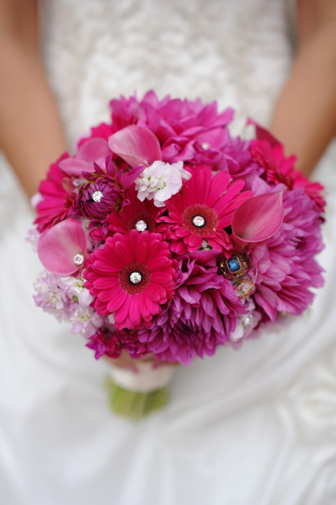 hot pink wedding bouquet, pink gerber daisy bouquet, pink dahlia bouquet