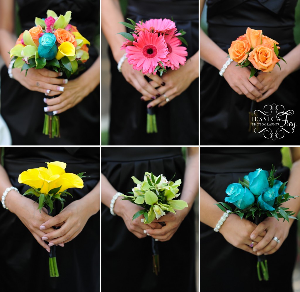 mulit color wedding bouquets, pink gerber daisy bouquet, blue roses bouquet, yellow calla lilly bouquet, orange rose bouquet, green bouquet