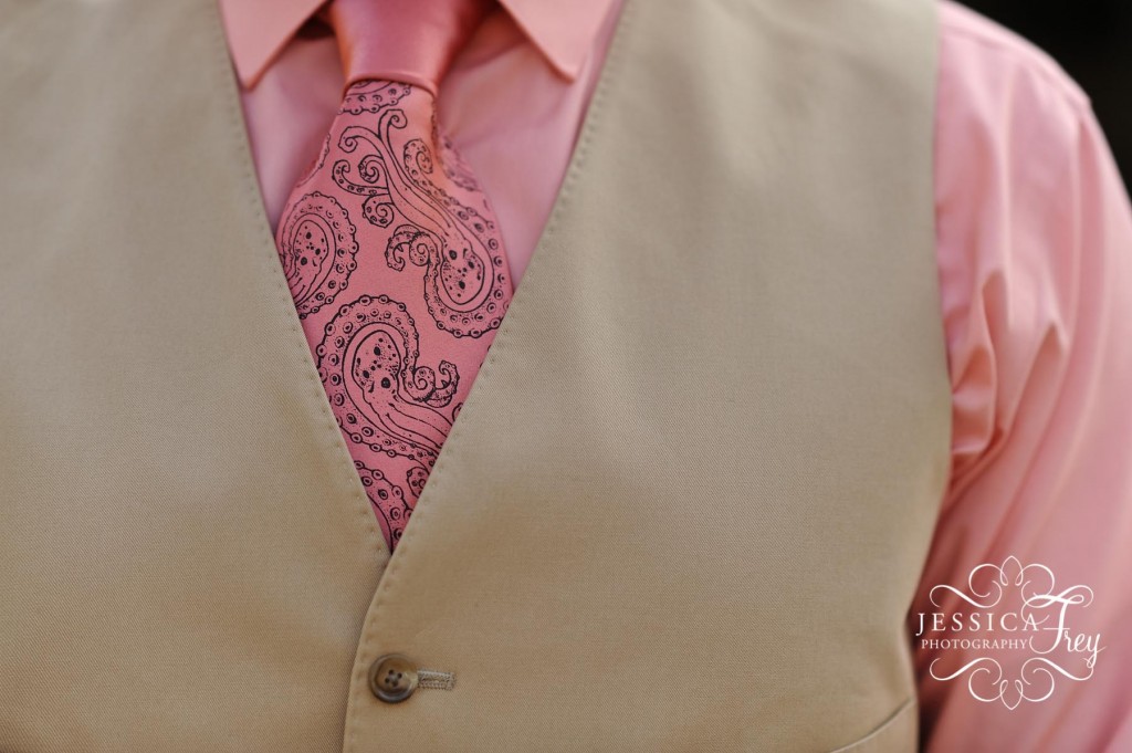 groom out fit tan and coral, octopus paisley tie