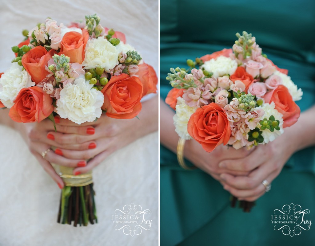 coral and white wedding bouquet, teal bridesmaid dress and coral bouquet