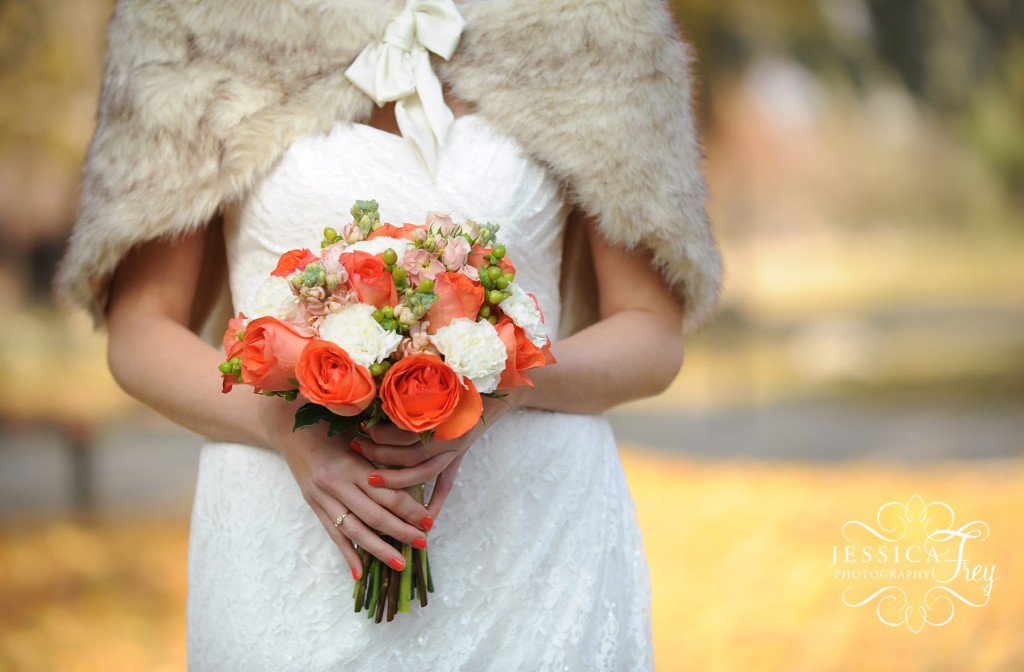 fur wedding shawl, coral wedding bouquet