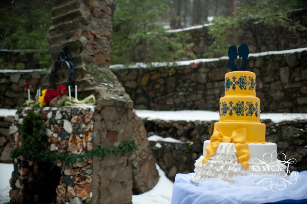 yellow and navy wedding cake
