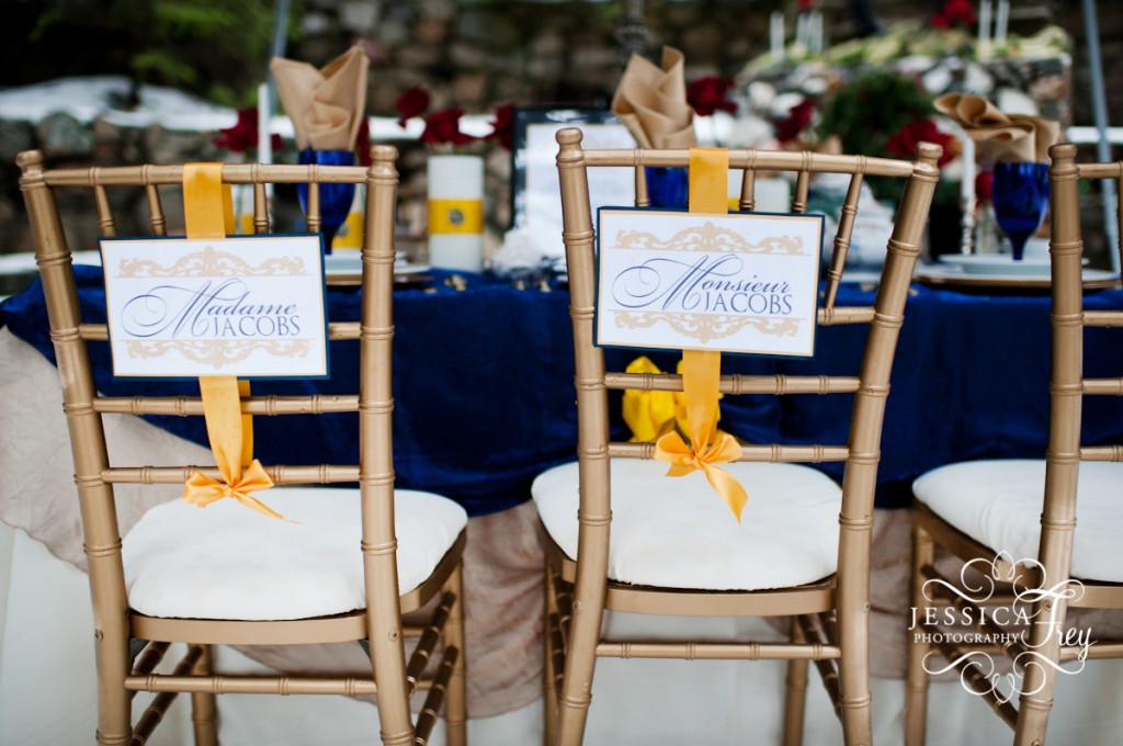 navy and yellow seat cards for bride and groom