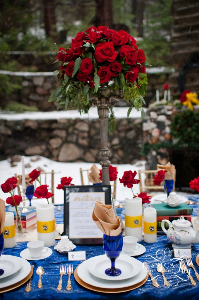 red rose, navy and yellow reception table decor