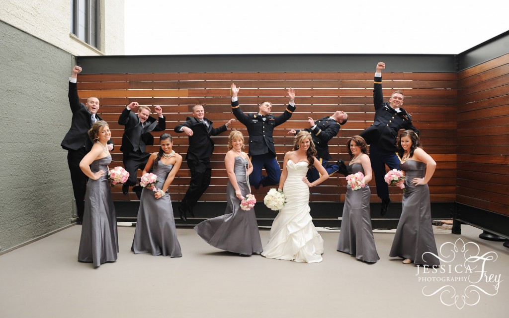 grey bridesmaid dress pink bouquets, bridal party with long gray dresses, Jessica Frey Photography