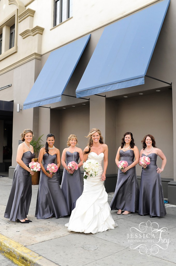 long grey bridesmaid dresses, pink bridesmaid bouquet, Padre Hotel, jessica frey photography