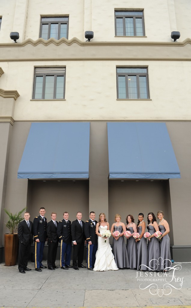 long grey bridesmaid dresses, pink bridesmaid bouquet, Padre Hotel, jessica frey photography