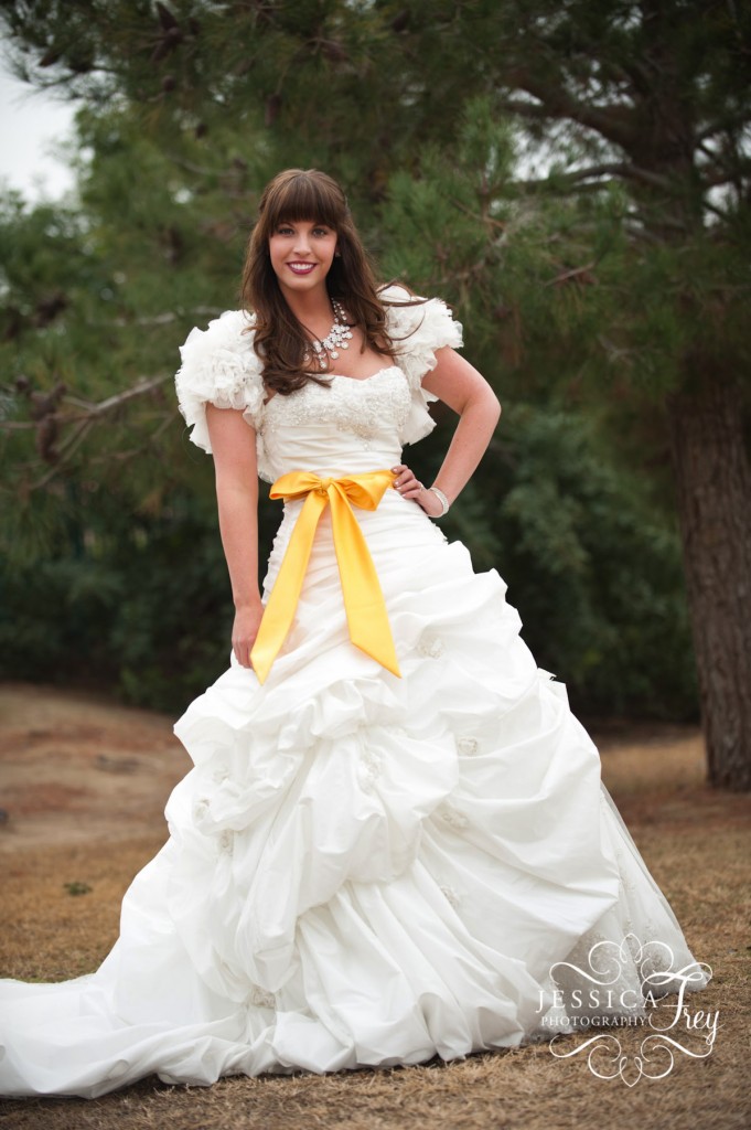 wedding dress with yellow ribbon, Jessica Frey Photography