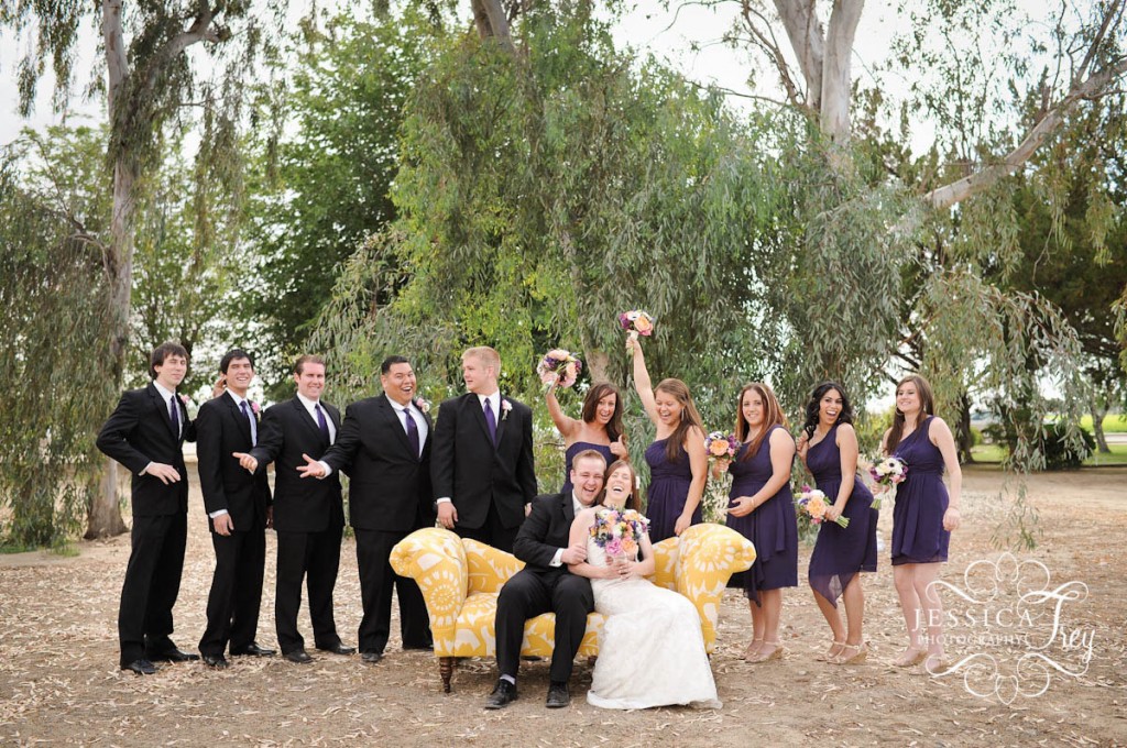 purple wedding party photo, Jessica Frey Photography, yellow damask couch