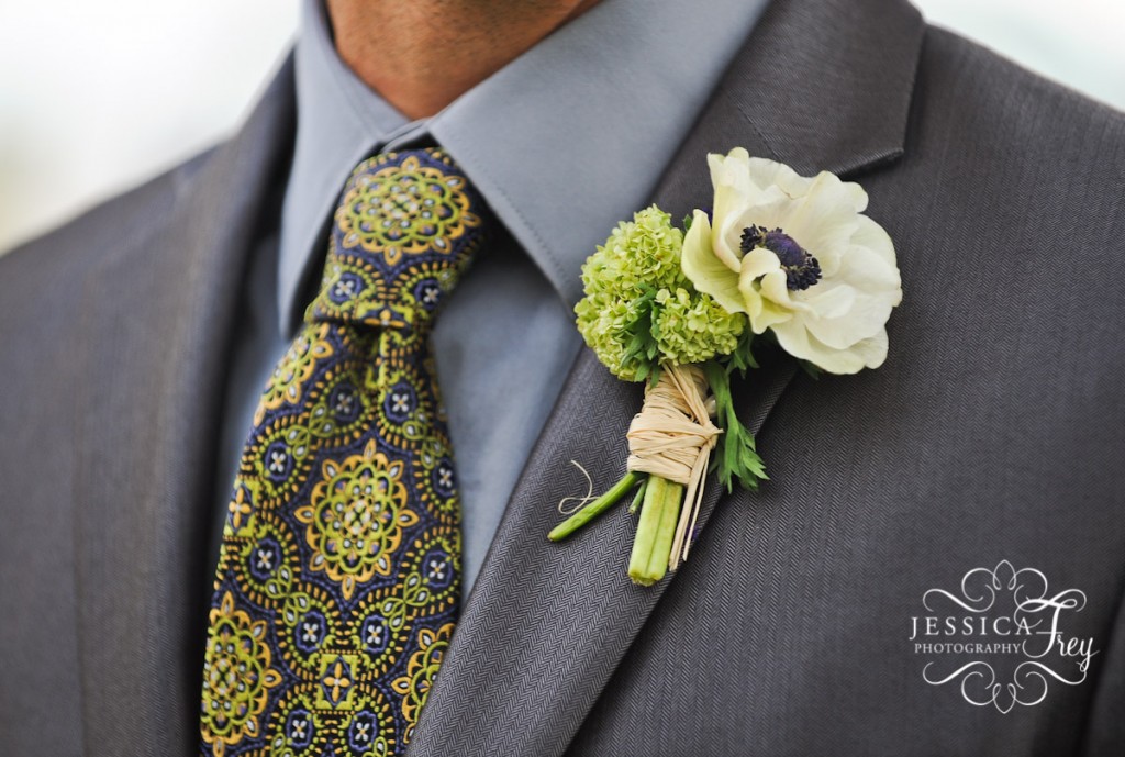House of Flowers, grey and green boutonniere