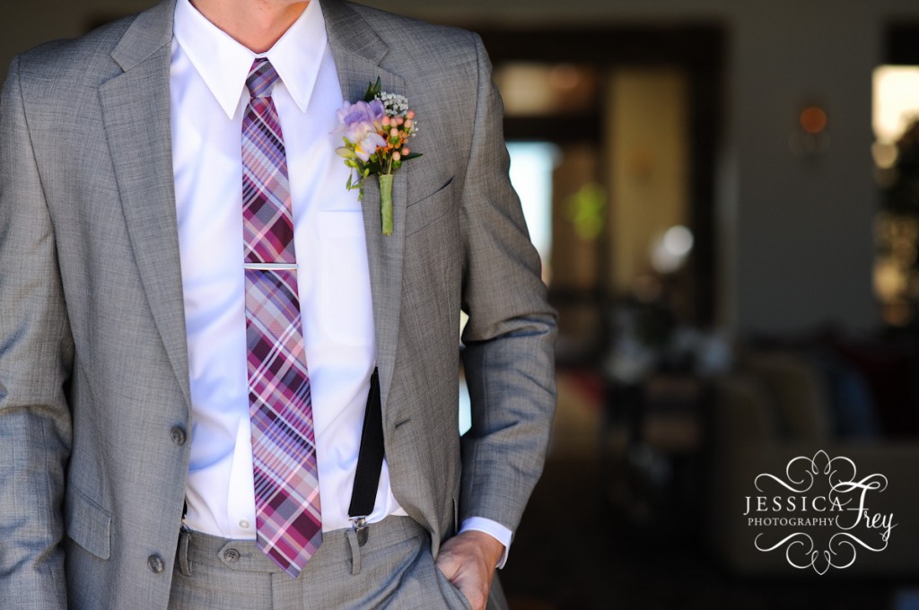 Jessica Frey Photography, grey suit and pink purple tie for groom