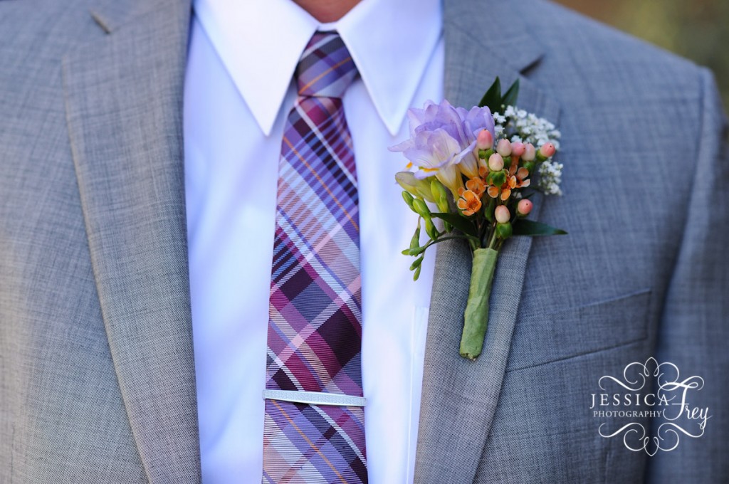 Jessica Frey Photography, purple and pink grooms tie with boutonniere
