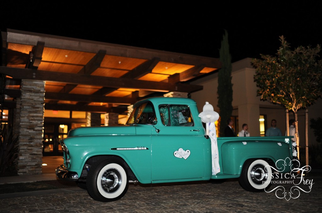 Jessica Frey Photography, teal Chevy truck 1955, wedding getaway truck