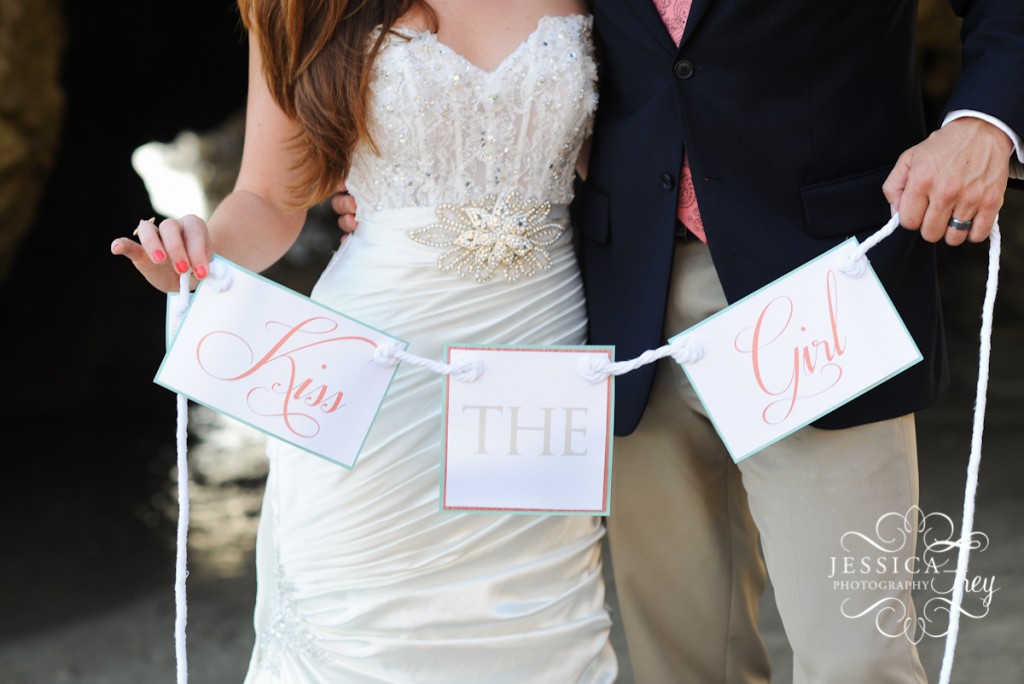 Jessica Frey Photography, Teal & Coral wedding, beach wedding, nautical wedding, princess inspired wedding, Disney wedding, kiss the girl bunting