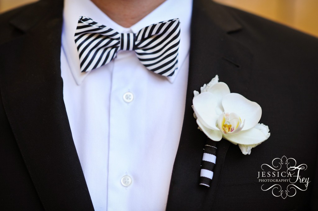 Jessica Frey Photography, beach wedding, white orchid boutonniere, black and white bow tie, black and white stripe wedding, lemon & succulent wedding