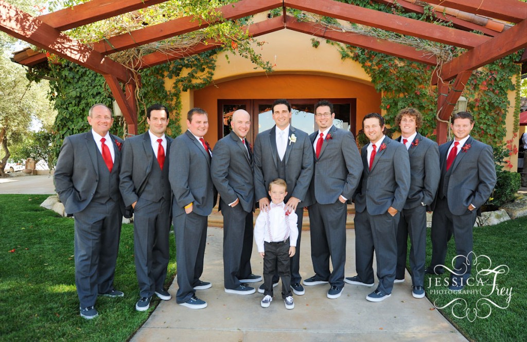 Jessica Frey Photography, red and grey wedding, groomsmen in grey suits red ties
