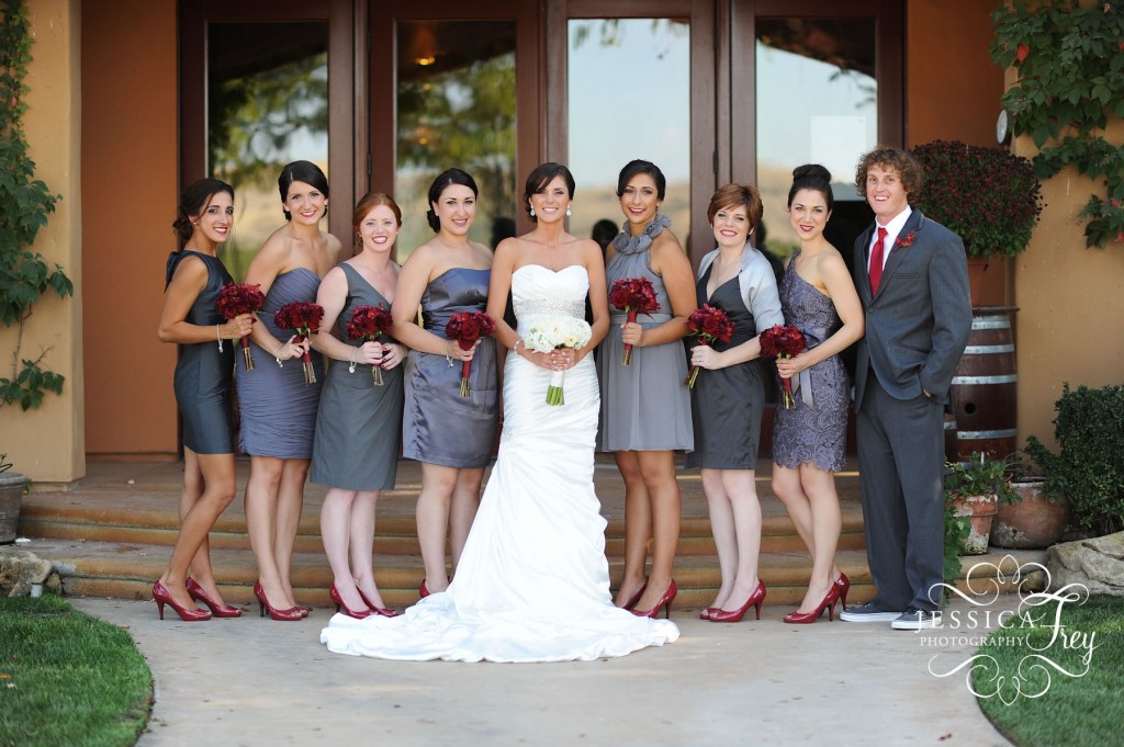 Jessica Frey Photography, vineyard wedding, grey bridesmaid dresses, red bridesmaid bouquet