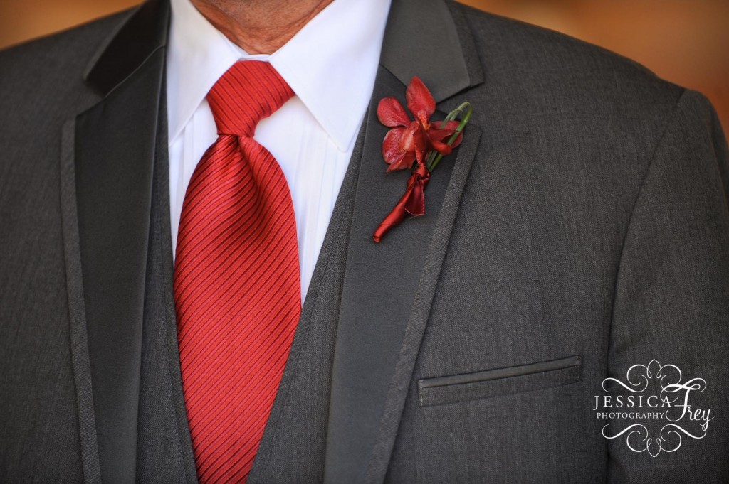 Jessica Frey Photography, vineyard wedding, red and grey groomsmen, red boutonniere
