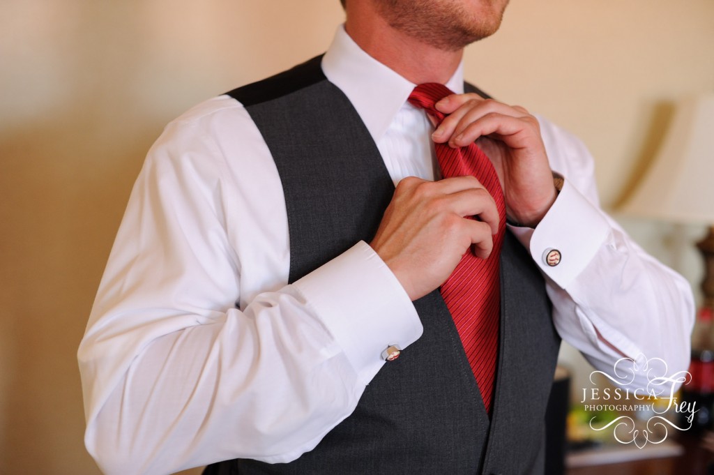 Jessica Frey Photography, vineyard wedding, red and grey groomsmen suit