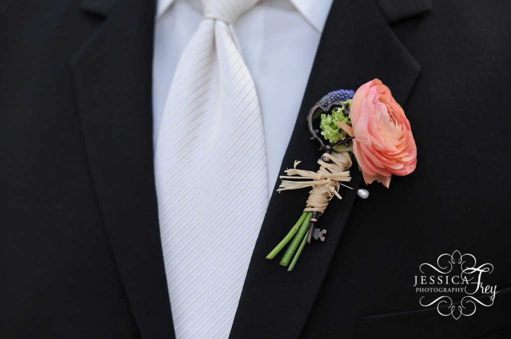 Jessica Frey Photography, pink wedding boutonniere, boutonniere with key
