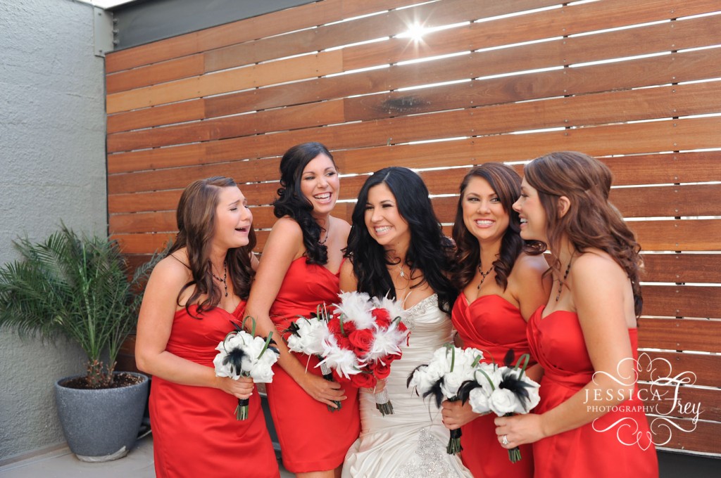 Jessica Frey Photography, red Alfred Angelo bridesmaid dresses