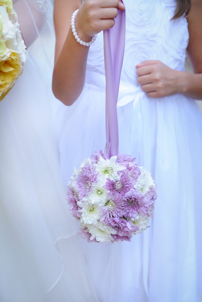 Jessica Frey, Austin wedding photographer, purple flowergirl pom